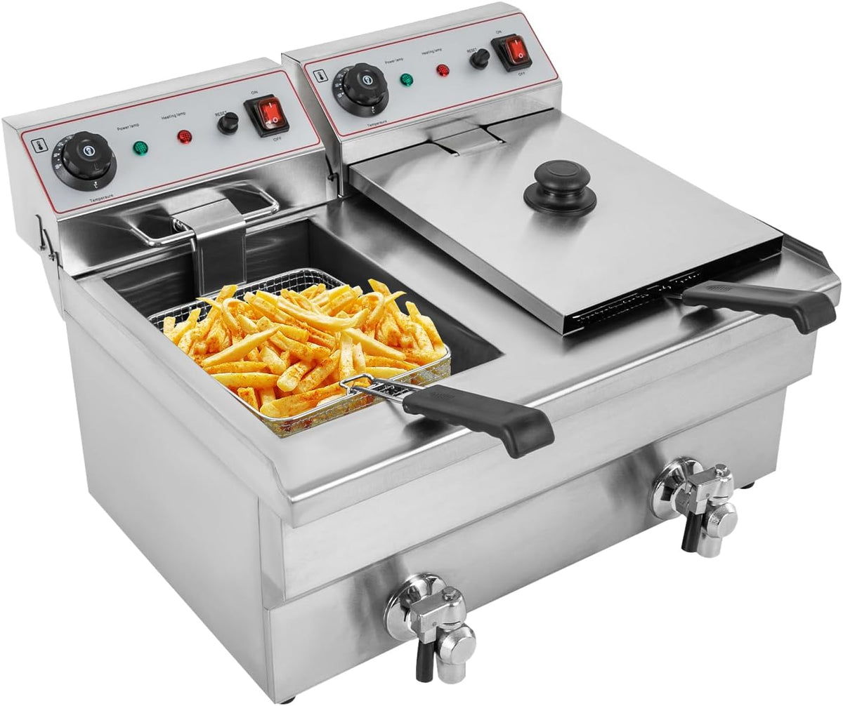 Elektrische Fritteuse mit Doppeltank GAOUSD - Temperaturverstellbare Ölfritteuse mit 10 Liter Kapazitätsangabe - Frittierkorb und Deckel - Für Zuhause Restaurant Buffet und Schule