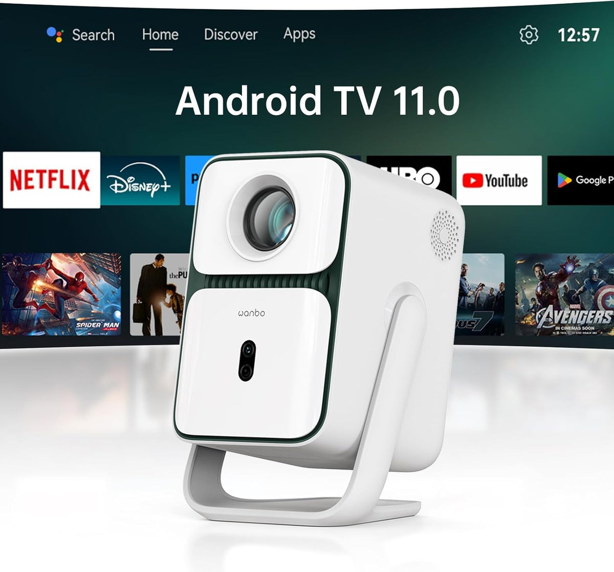 WANBO T2 Ultra Smart Beamer - Native 1080p mit 500 ANSI Lumen und Kurzdistanz Projektion - Android TV Netflix Live TV und Sprachassistent - KI Autofokus 120 Grad drehbar WiFi Bluetooth