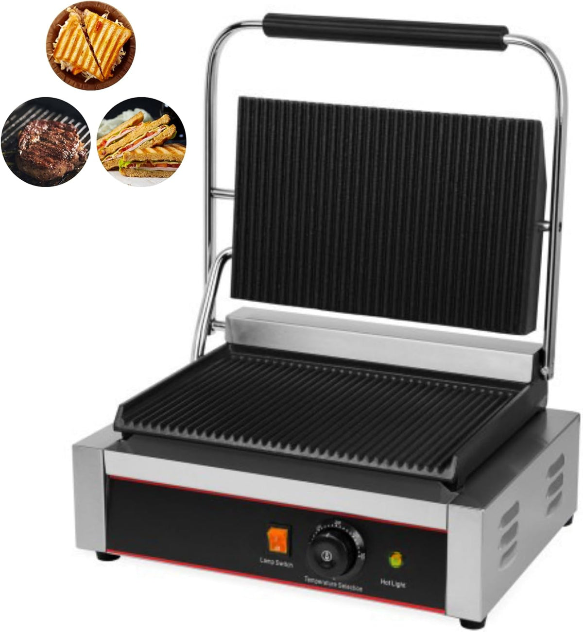 PESAGE MB Kontaktgrill - 2200 Watt mit geriffelten Platten 230 x 340 mm - Temperaturregelung bis 300 Grad und Auffangschale - Edelstahl Panini Grill in Silber