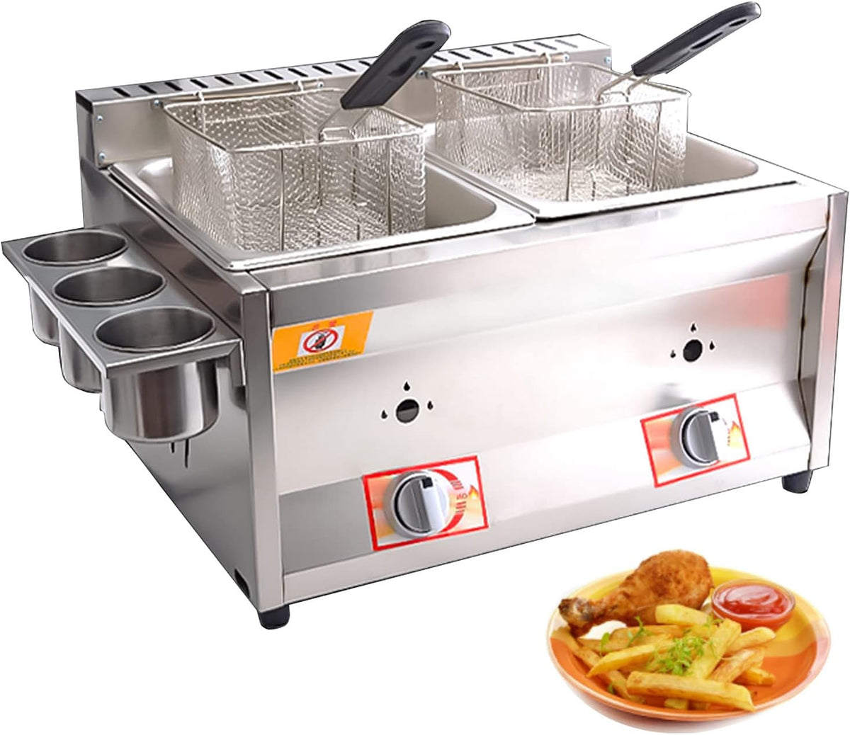 Gas Fritteuse mit 10L Ölkapazität - Propan LPG Tischfritteuse aus Edelstahl - mit 2 Frittierkörben und Deckel - Silber für Gastronomie und Haushaltsküche