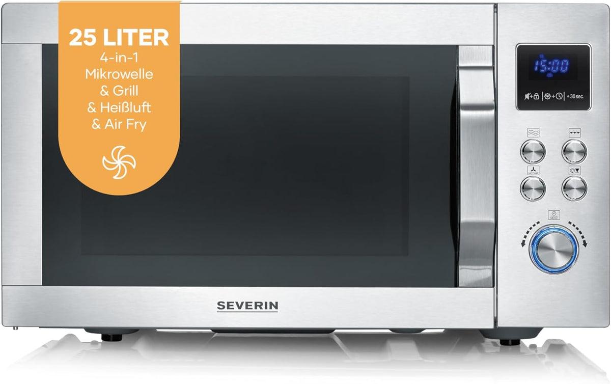 SEVERIN CrispyWave MW 7918 Mikrowelle - 900W mit Grill und Heißluftfunktion - Edelstahl in Silber - Auftisch Mikrowellenofen für die Küche