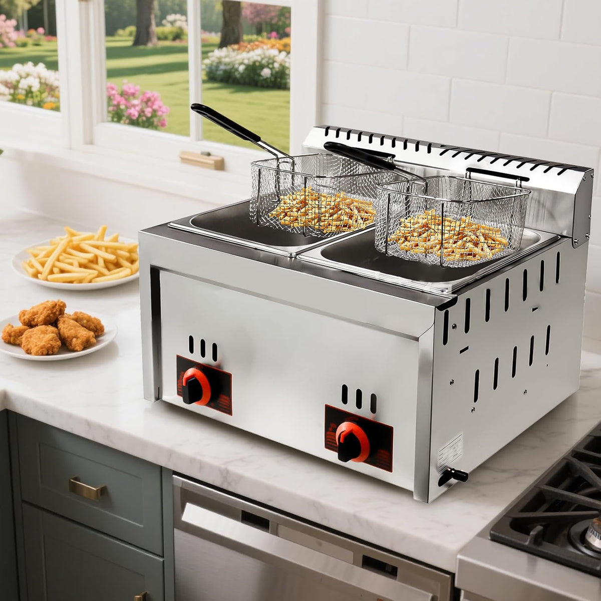 Professionelle Gasfritteuse - 20L gewerbliche Doppeltank Friteuse aus Edelstahl - hohe Kapazität mit Pommeskorb - für Restaurant Heimküche Snackbar und Gastro Einsatz