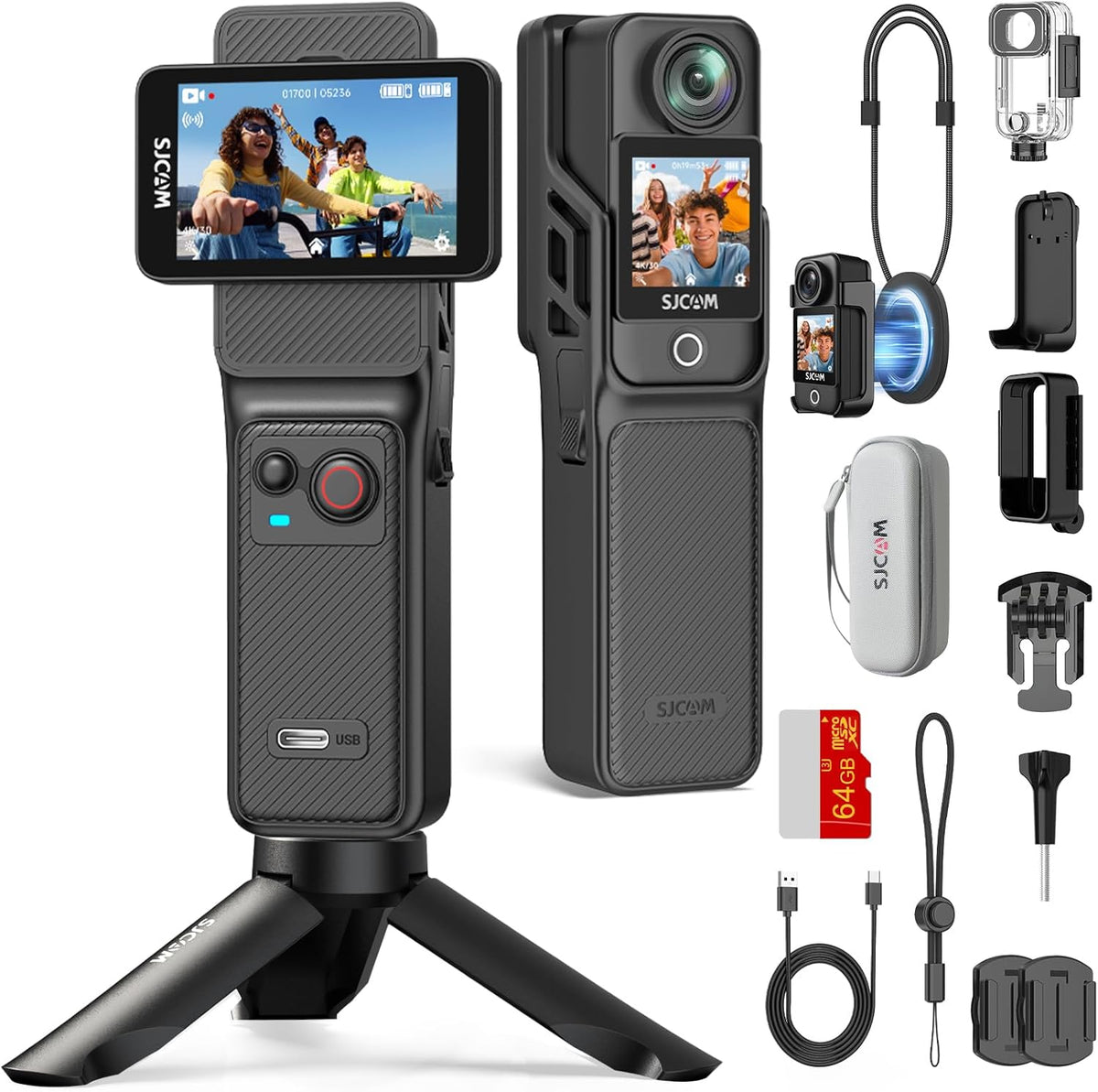 SJCAM C400 Vlogging Camera 4K - Actionkamera mit 64 GB und 7 Stunden Akku - 6 Achsen Bildstabilisierung und Dual Touchscreen - Wasserdicht bis 30 Meter Schwarz