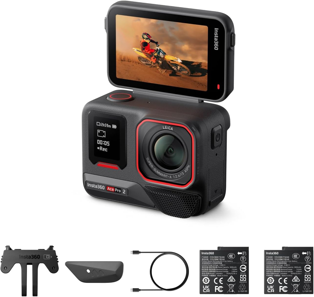Insta360 Ace Pro 2 Action Kamera Bundle - 8K Video mit Leica Optik und 1,3 Zoll Sensor - Dual AI Chip und Flip Bildschirm für Low Light Aufnahmen - Standard Dual Akku Bundle
