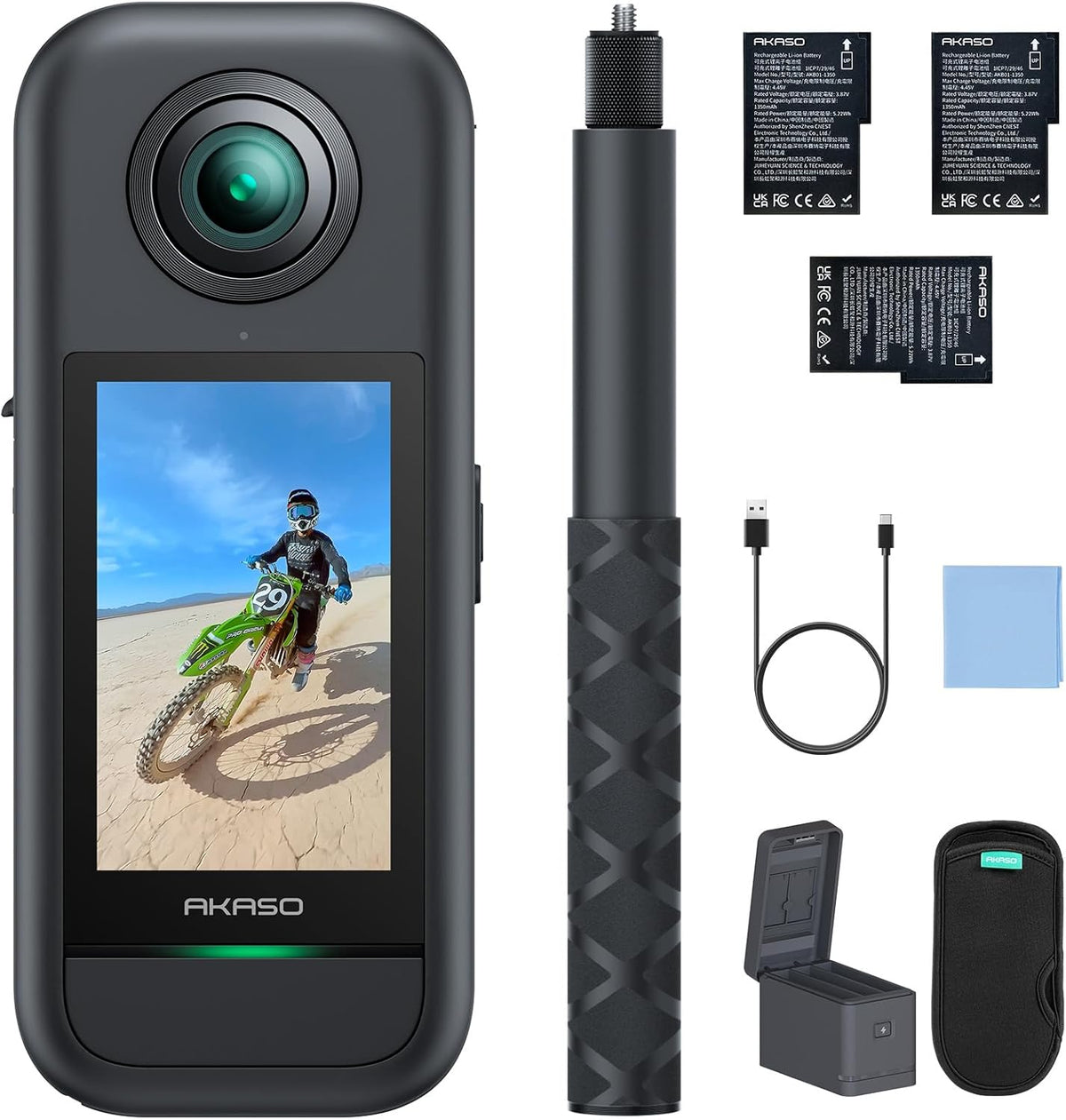 AKASO 360 Grad Action Cam Creator Set - 5,7K Video und 72 MP Fotos - duale 48 MP CMOS Sensoren - 2,29 Zoll Touchscreen mit Horizon Lock und KI Verfolgung