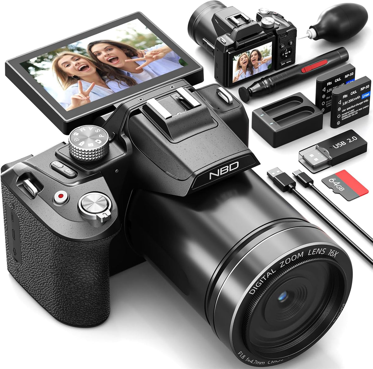 NBD 8K Digitalkamera 64MP - Autofokus und 16X Zoom mit F1.8 Nachtsicht - WiFi Vlogging Kamera mit 500g Gewicht - inklusive 64GB Karte und 2 Akkus in Schwarz