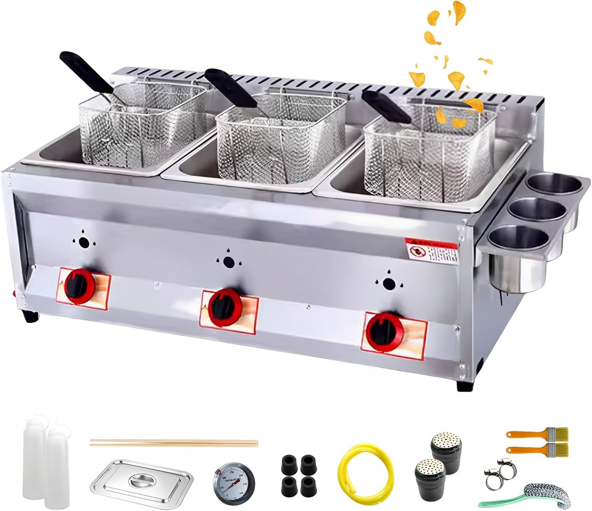 Kommerzielle LPG-Gas-Fritteuse mit 2 Tanks - Edelstahl Propangas Fritteuse mit 20 Liter Ölkapazität - 3 Frittierkörbe und Deckel - Für Pommes Frites und Restaurants