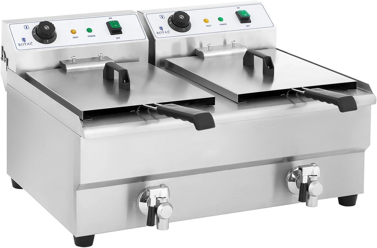 Royal Catering RCEF 16DH 1 Doppel Fritteuse - 2 x 16 Liter Edelstahlbecken - 6400 Watt mit Thermostat und 2 Ablasshähnen - Elektro Gastro Fritteuse