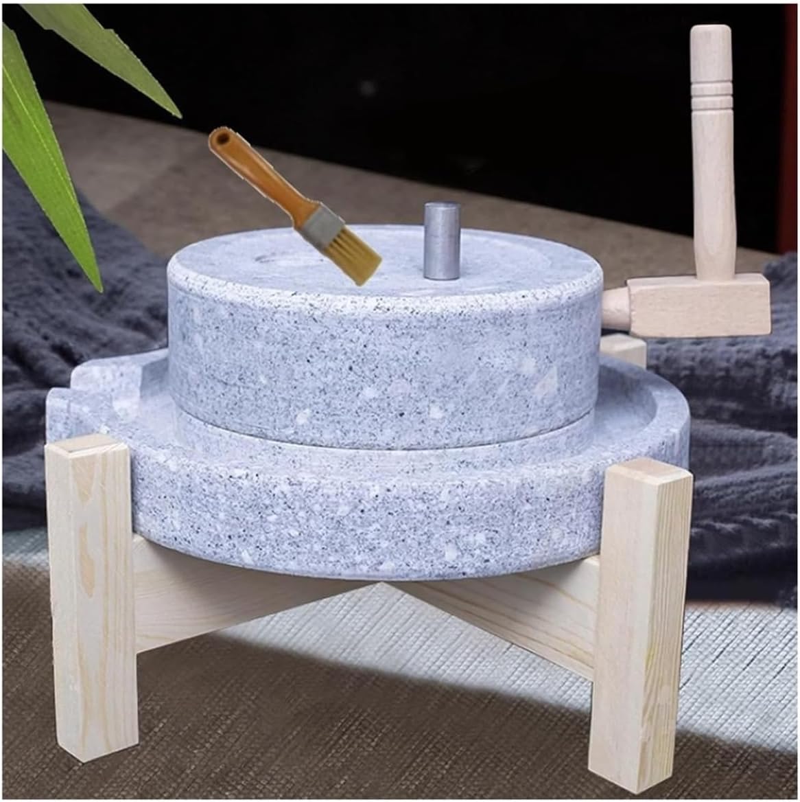 Manuelle Steinmühle mit Holzrahmen - Getreidemühle zum Nassmahlen und Trockenmahlen - Traditionelle Handmühle für Lebensmittel - Für Unterricht und Vorführungen