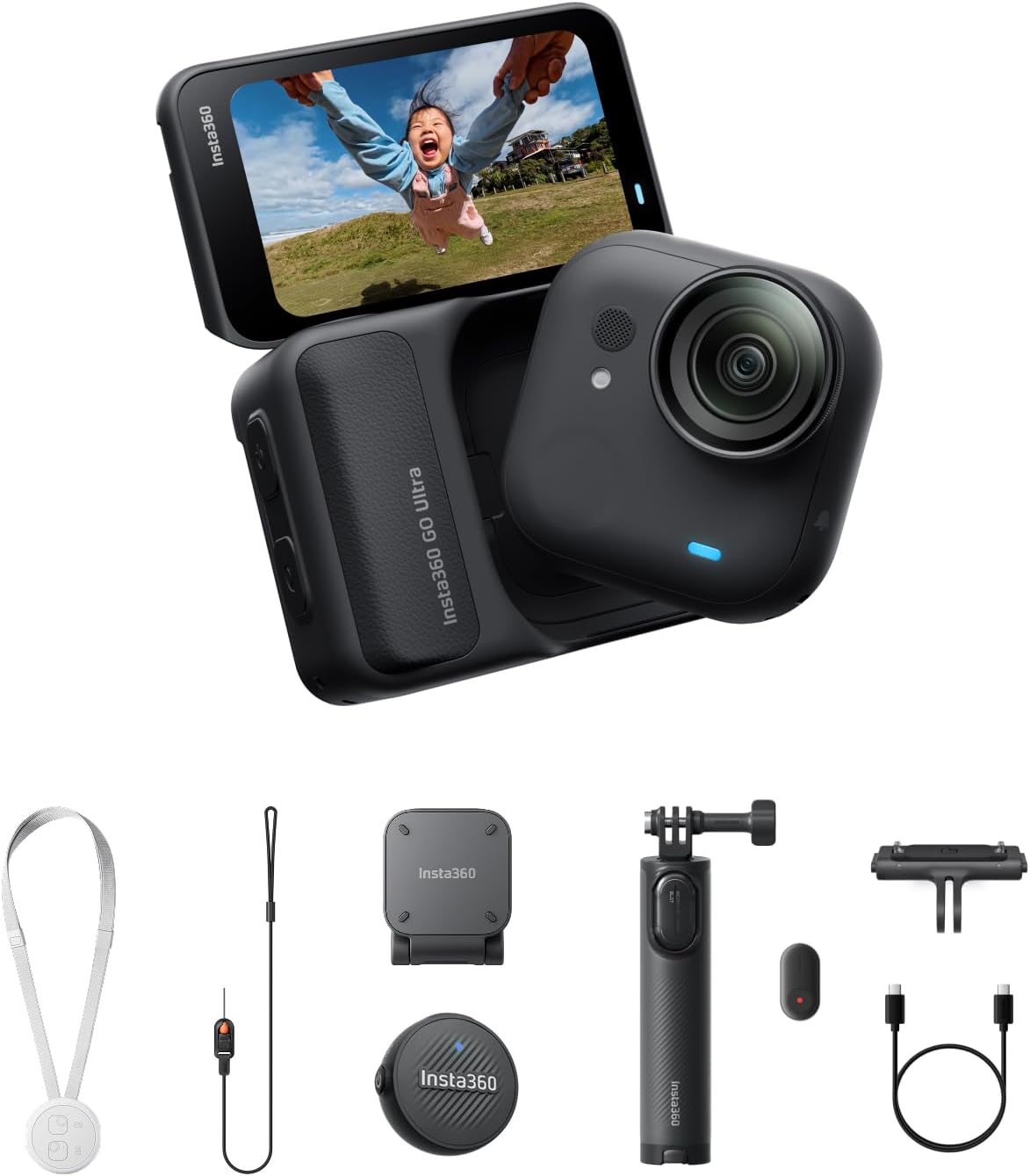 Insta360 GO Ultra Vlogger-Bundle Nachtschwarz - Freihändige 4K Mini Cam mit FlowState Stabilisierung - 200 Minuten Akku und 10 Meter wasserdicht - Für Fahrrad und Vlogs