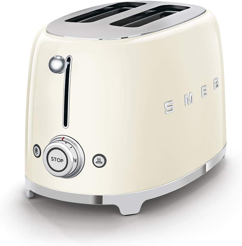 Smeg TSF01 Creme Toaster - Zwei Scheiben mit 950 Watt Leistung - Edelstahl und Emaille Gehäuse - Drehregler und Tasten für Brot und Toast