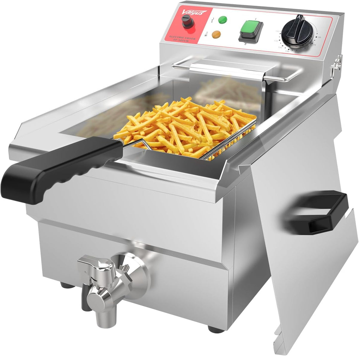 Valgus Kommerzielle elektrische Fritteuse aus Edelstahl - 3000W mit 10 Liter Ölbehälter - Frittierkorb und Deckel - Ablaufsystem für Gastronomie