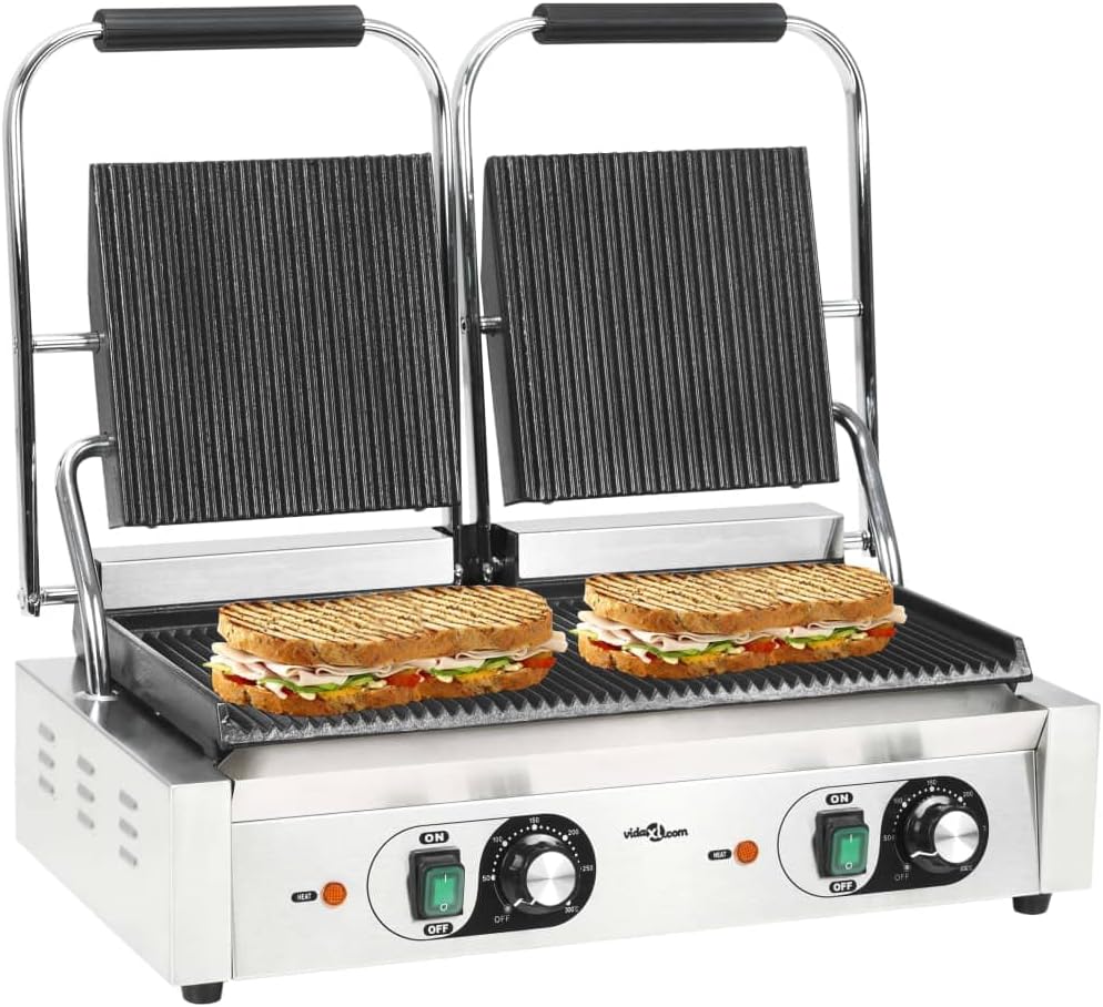 Mokuyary Doppel Panini Grill - 3600 Watt mit doppelt gerillter Grillfläche - Für Paninis Sandwiches Hamburger Huhn und Gemüse - Großes Elektrogrillgerät in Silber