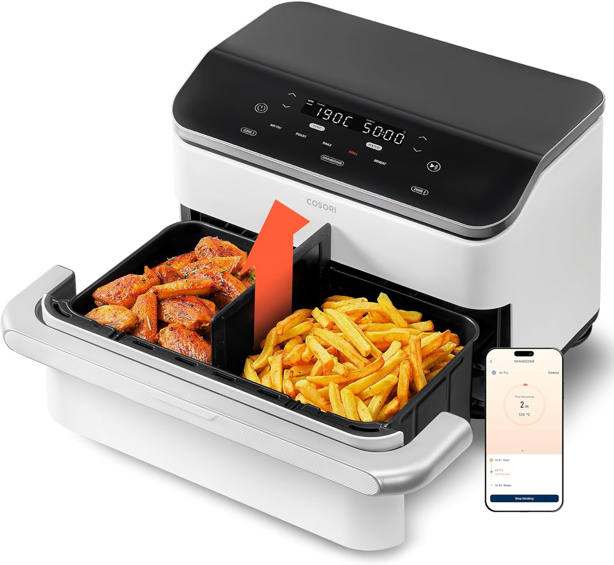 COSORI Heißluftfritteuse 2 Kammern - Dual Blaze TwinFry 10L mit 4 Heizrohren - flexible Kammern und gleichmäßige Hitzeverteilung - bis 240 Grad in Cremeweiß