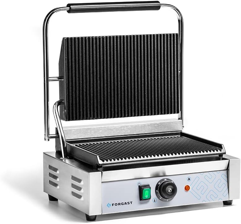 Profi Panini Grill - Gerillte Gusseisenplatten oben und unten - Temperaturregelung für Sandwiches und Paninis - Elektrischer Kontaktgrill für Gastronomie und Küche