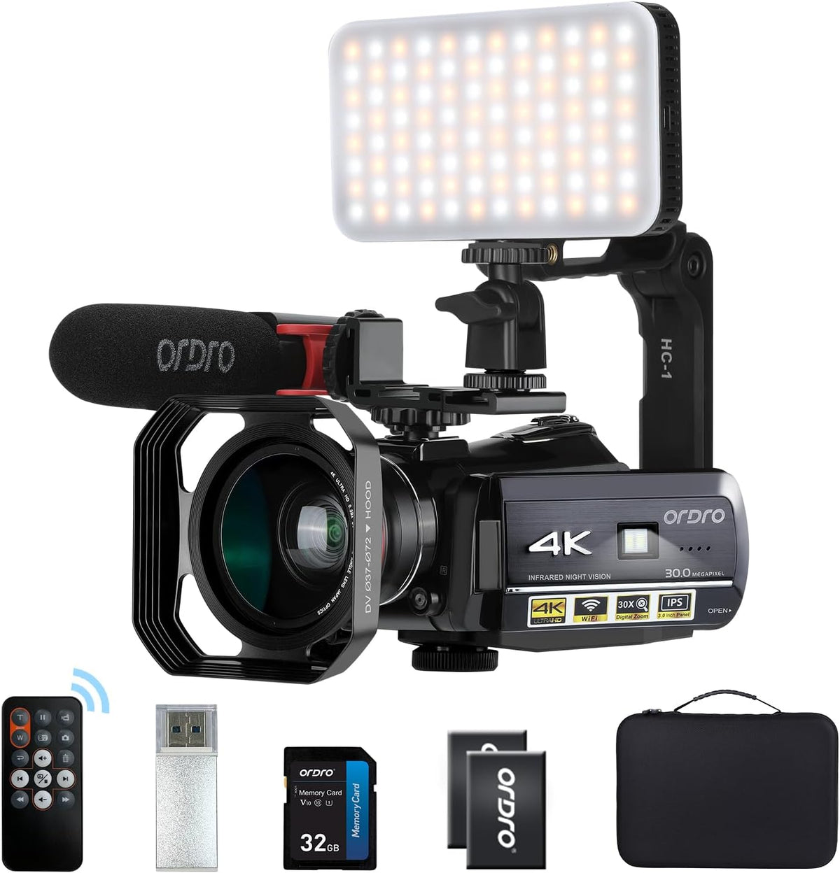 ORDRO AC3 IR Nachtsicht Camcorder - 4K 24FPS und 1080p 60FPS Vlog Videokamera - WLAN mit Mikrofon LED Licht und Weitwinkelobjektiv - Halterung und Tragetasche