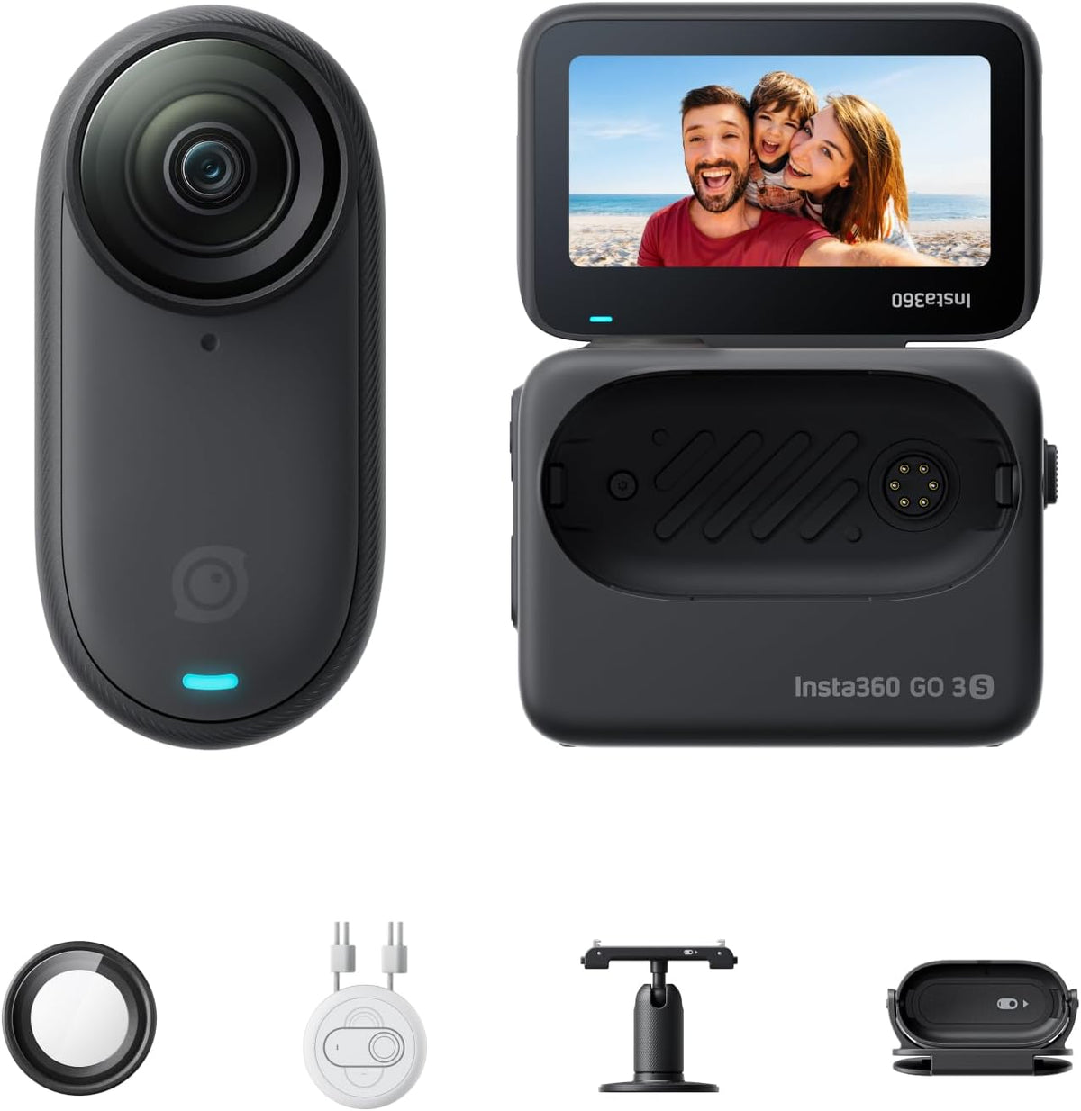 Insta360 GO 3S 64 GB Nachtschwarz - tragbare 4K Mini Kamera für Vlogs und Freihand POV - 140 Minuten Akku und 10m wasserdicht - Stabilisierung KI Bearbeitung und Apple Find My