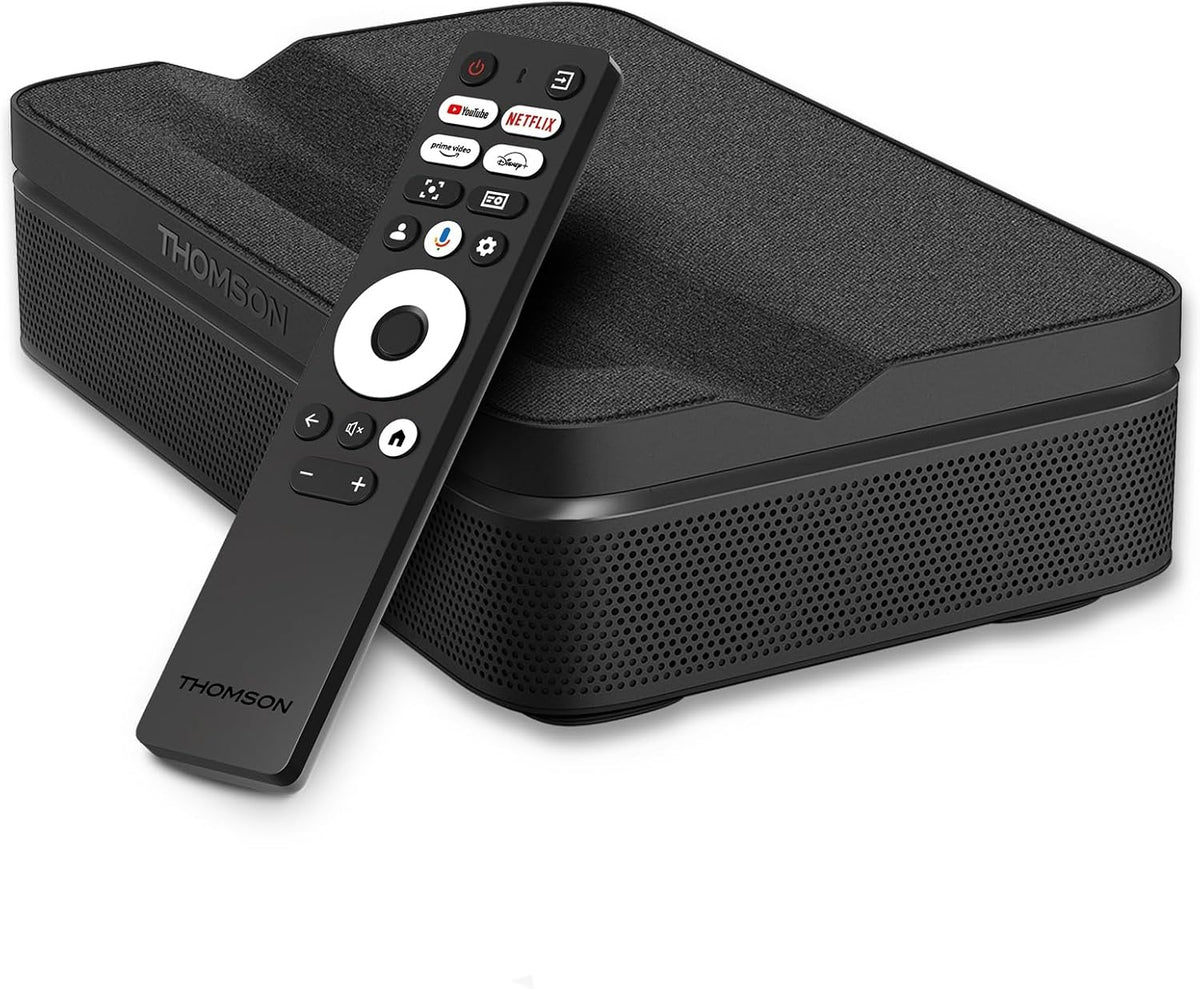 Thomson Sirius PG55B Full HD Beamer - RGB Laser mit 600 ANSI Lumen und Ultrakurzdistanz - Google TV und HDR10 Plus - Dolby Digital Plus mit Akku