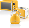 Swan Retro Frühstücks-Set mit Wasserkocher Toaster und Mikrowelle - 1,8 L Wasserkocher und 2 Scheiben Toaster - 20 L Mikrowelle mit 800W - Gelb im Vintage Design