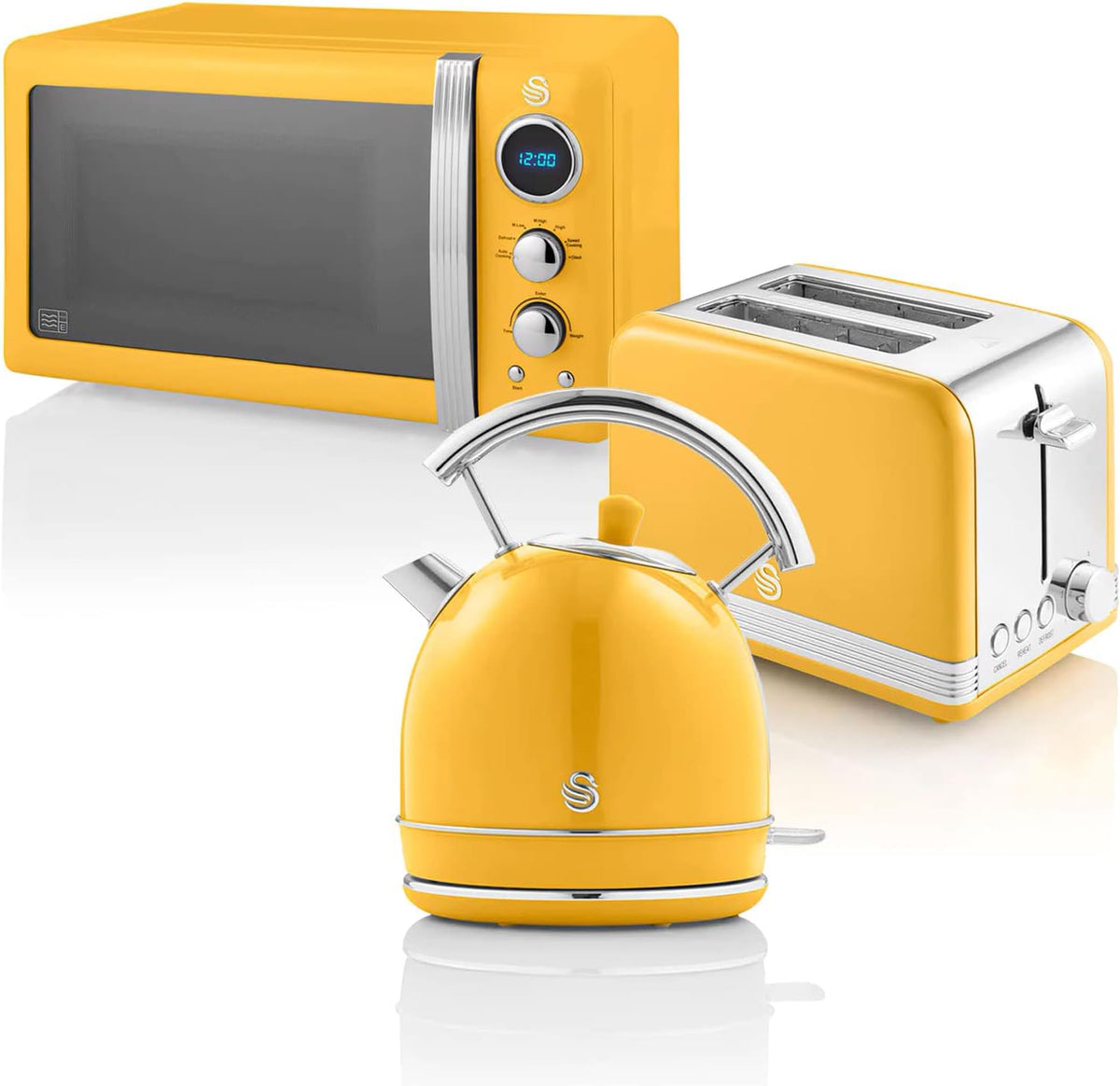 Swan Retro Frühstücks-Set mit Wasserkocher Toaster und Mikrowelle - 1,8 L Wasserkocher und 2 Scheiben Toaster - 20 L Mikrowelle mit 800W - Gelb im Vintage Design