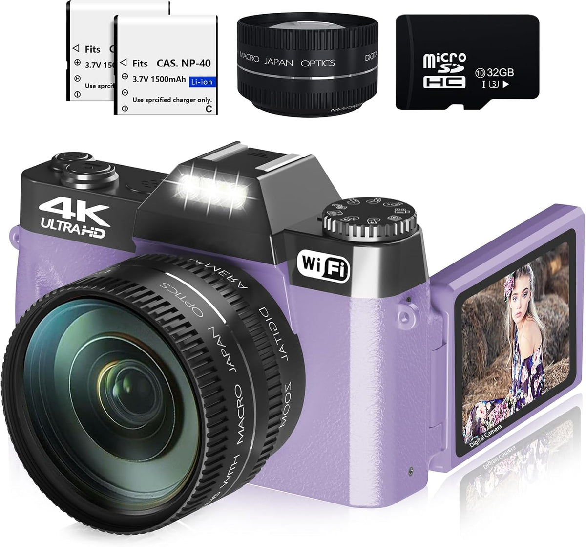 Digitalkamera für Fotografie und Vlogging - 4K Kamera mit 48 MP und 16-fachem Digitalzoom - manueller Fokus und digitale Stabilisierung - mit 32 GB TF Karte und 2 Objektiven