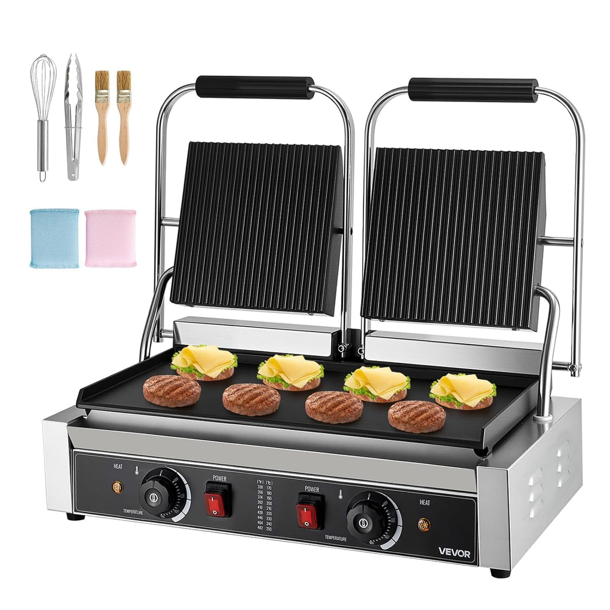 VEVOR Panini Grill Schwarz - 3600W kommerzieller Kontaktgrill mit 48 x 23cm Heizplatte - Edelstahl Pressgrill mit Temperaturregelung - für Sandwich Steak Bacon und Hamburger