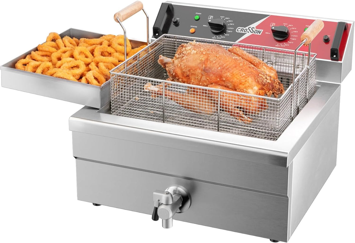 CROSSON Elektro Fritteuse 12 Liter - 6500 Watt Gastro Fritteuse aus Edelstahl - Mit Ablaufhahn und 3 Körben - Für Restaurant Küche und gewerblichen Einsatz