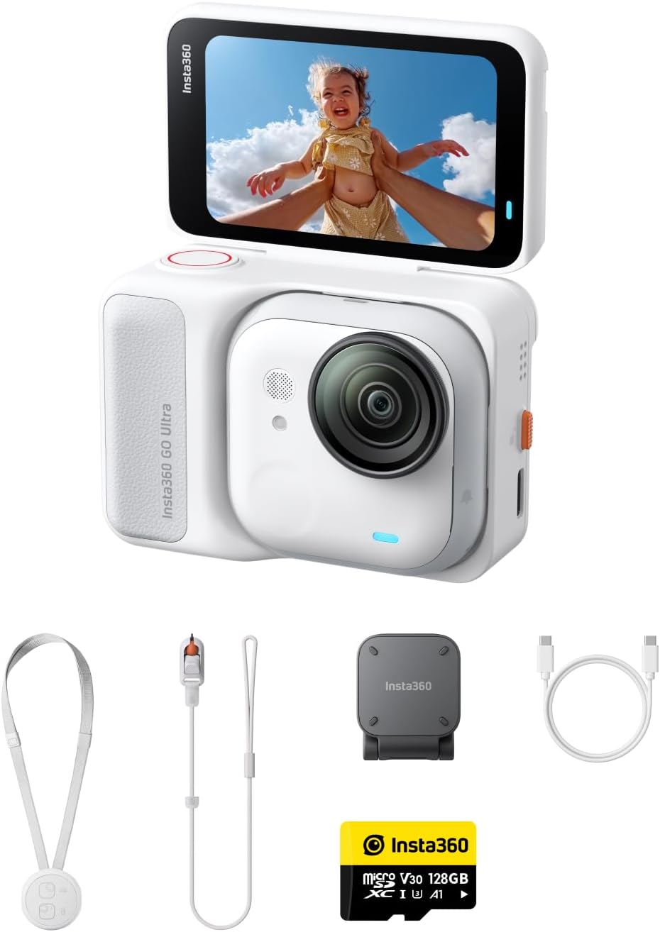 Insta360 Standard Bundle White 128 - 4K Kamera in Polarweiß mit CMOS Sensor - SDXC Speicher und MP4 Videoformat - USB Verbindung für mobile Videoaufnahme und Datenübertragung