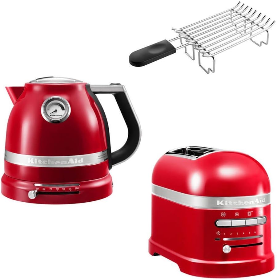 KitchenAid Artisan Frühstücks Set mit Wasserkocher 5KEK1522 - 2 Scheiben Toaster 5KMT2204 - Brötchenaufsatz - Empire Rot mit 2400W