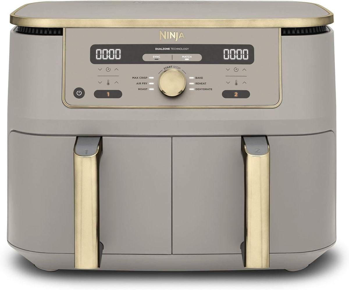 Ninja Dual Zone Digital Air Fryer - 9,5L mit 2 Schubladen und 6 Funktionen - Max Crisp Rösten Backen Aufwärmen und Heißluft Frittieren - Stone Gold DZ400EUSTGD