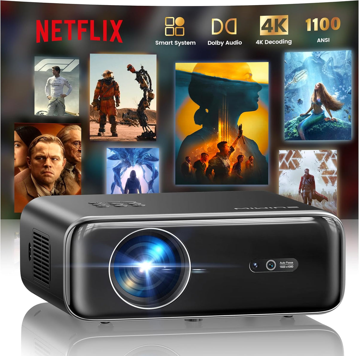 Smart Beamer WiMiUS mit Netflix - 1100 ANSI Lumen Full HD 1080P LCD Projektor - Dolby Audio Autofokus und 6D Trapezkorrektur - 4K Unterstützung WiFi Bluetooth und Deckenmontage
