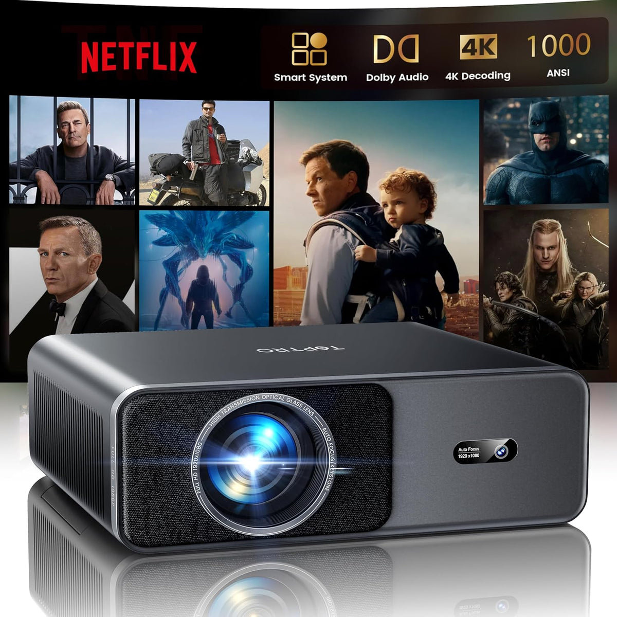 TOPTRO Smart Beamer 4K kompatibel - 1000 ANSI Lumen mit Full HD 1080p - Autofokus und 6D Trapezkorrektur - Netflix Dolby Audio WLAN 6 und Bluetooth