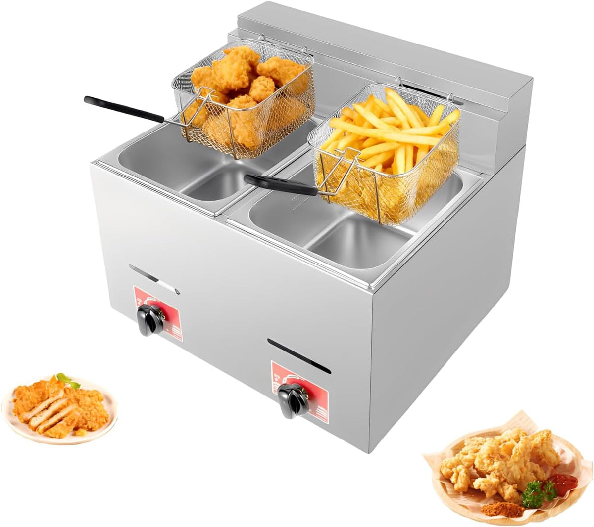Doppel-Fritteuse Gas WUNONGFZ - Edelstahl Gas Fritteuse mit 2 Frittierkörben - 2 x 6 Liter Ölkapazität und elektronischer Zündung - Bis 200 Grad Celsius