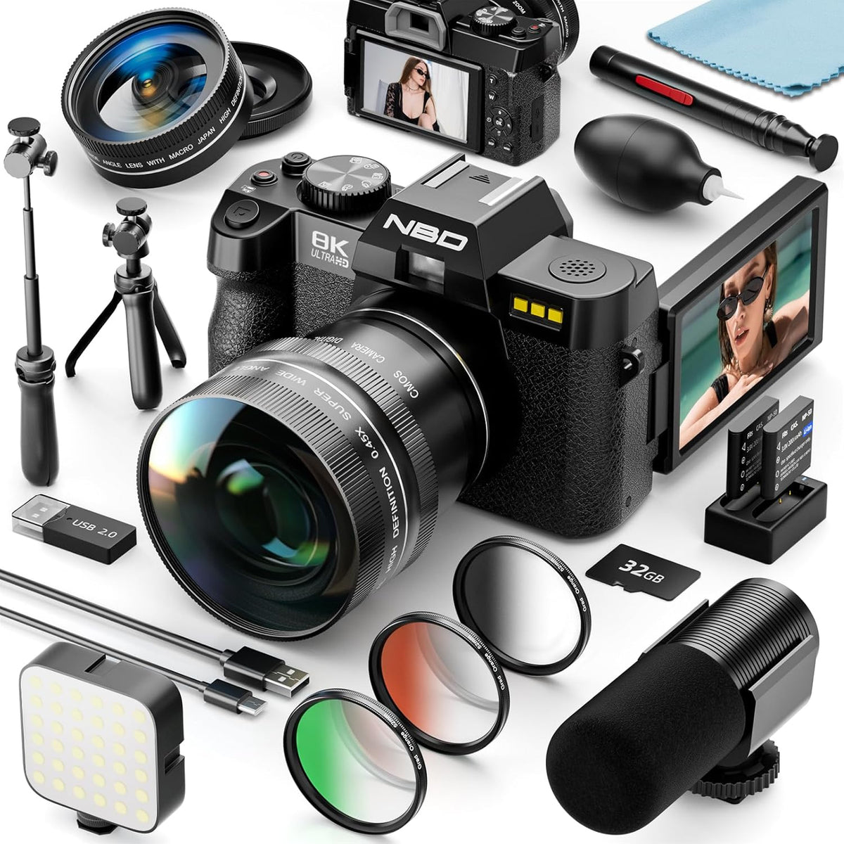 NBD 8K Digitalkamera 64 MP NBD-EU-S100-DP - CMOS Sensor mit 16-fach Zoom und Autofokus - 3 Zoll Klappdisplay - WLAN Kamera in Schwarz mit 16 Zubehörteilen