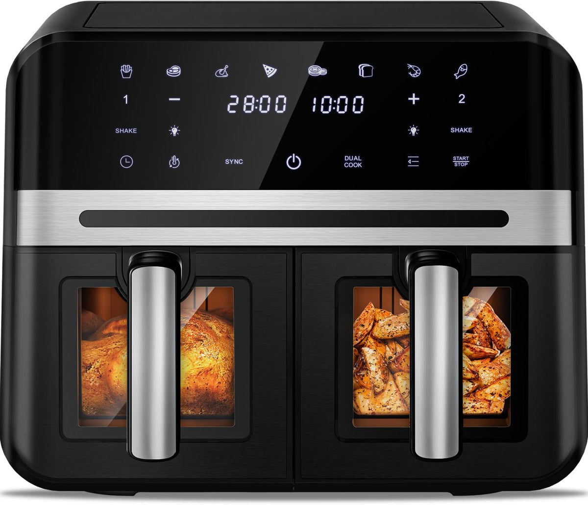 Dual Zone Heißluftfritteuse 9 Liter - Zwei Kammern mit 8 Programmen - Match und Synchronisierungsfunktion mit Sichtfenster - Spülmaschinenfeste Körbe in Schwarz