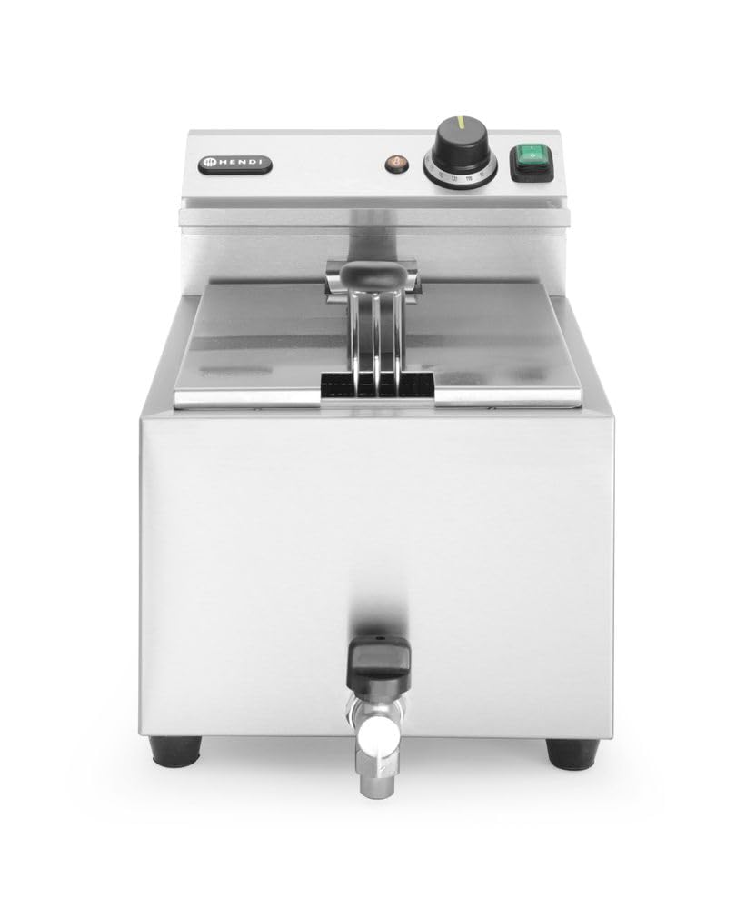 HENDI Mastercook 209202 Fritteuse 8 Liter - 3500 Watt mit Ablasshahn und Sicherheitsthermostat - Edelstahlbecken mit langem Korbgriff - Gastro Tischfritteuse