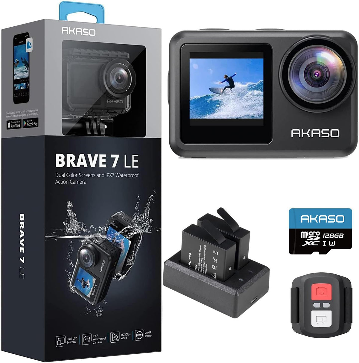 AKASO Brave 7 LE Action Cam 4K 30FPS - 20 MP Unterwasserkamera mit 128 GB U3 Speicherkarte - EIS 2.0 und Doppelbildschirm - IPX7 wasserdicht mit 40 Meter Unterwassereinsatz