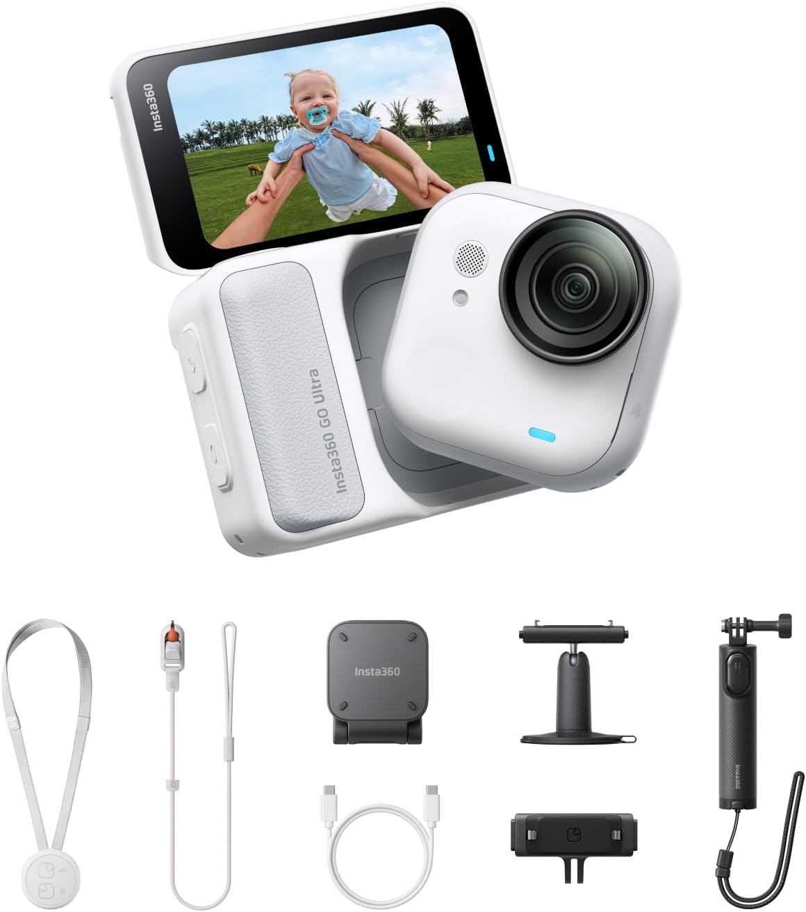 Insta360 GO Ultra Creator Bundle Polarweiß - kleine 4K Vlogging Kamera mit 1,28 Zoll Sensor - 53g leichte POV Kamera mit 156 Grad Sichtfeld - 200 Minuten Akku für Sport und Vlog
