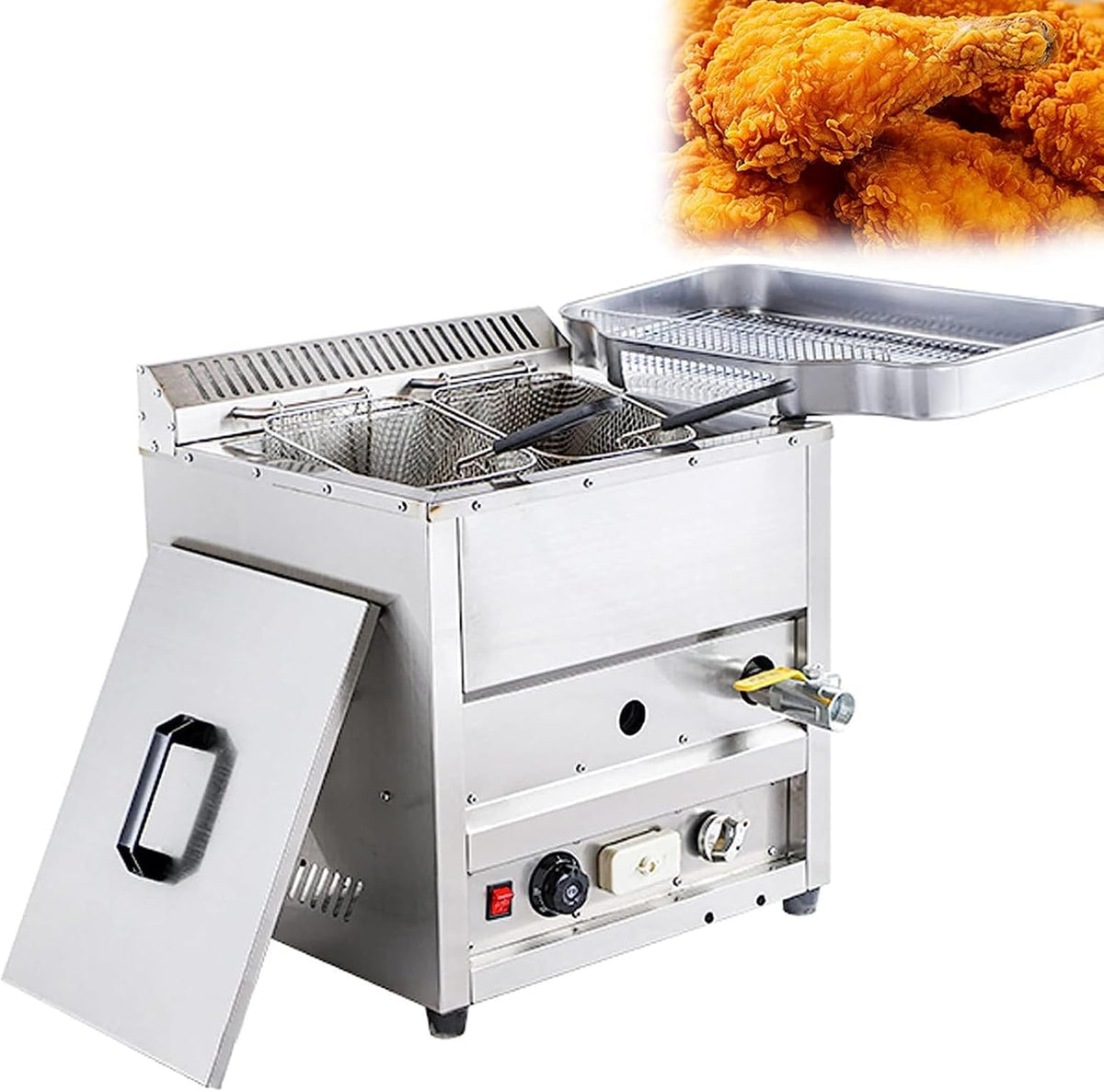 Gas Fritteuse 23 Liter Gastro Tischgerät - mit 2 Körben und Thermostat von 50 bis 300 Grad - Edelstahl mit Ölauffangschale - für Gewerbe Gastronomie Restaurant und Imbiss