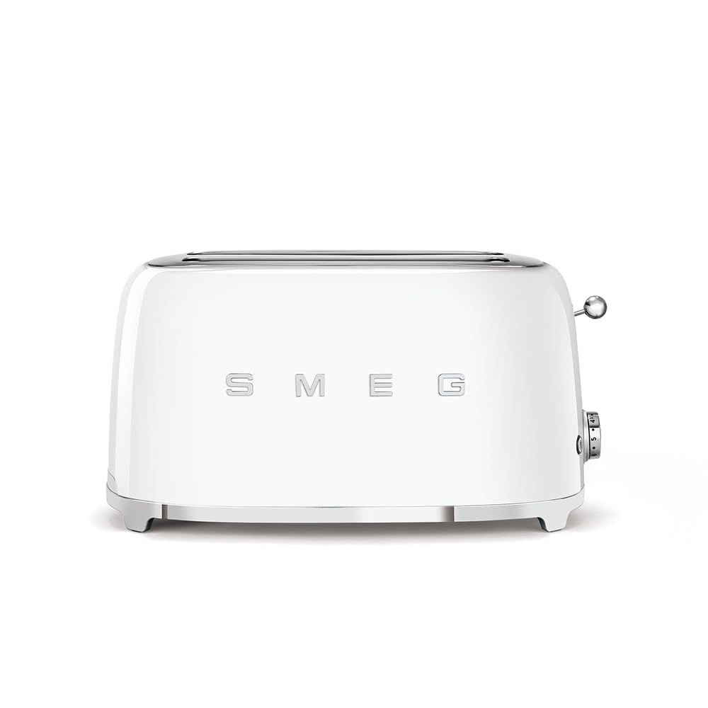 Smeg TSF02WHEU Toaster für 2 Scheiben - 950W mit 2 langen Schlitzen - 6 Bräunungsstufen - Weiß mit Auftau Bagel und Aufwärmfunktion