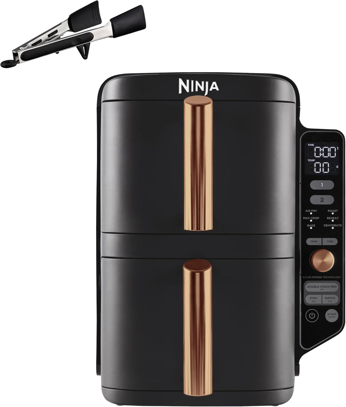 Ninja Double Stack XL Heißluftfritteuse - 9,5L mit 2 vertikalen Schubladen und 4 Kochstufen - 6 Funktionen für bis zu 8 Portionen - Schwarz Kupfer SL400EUCP