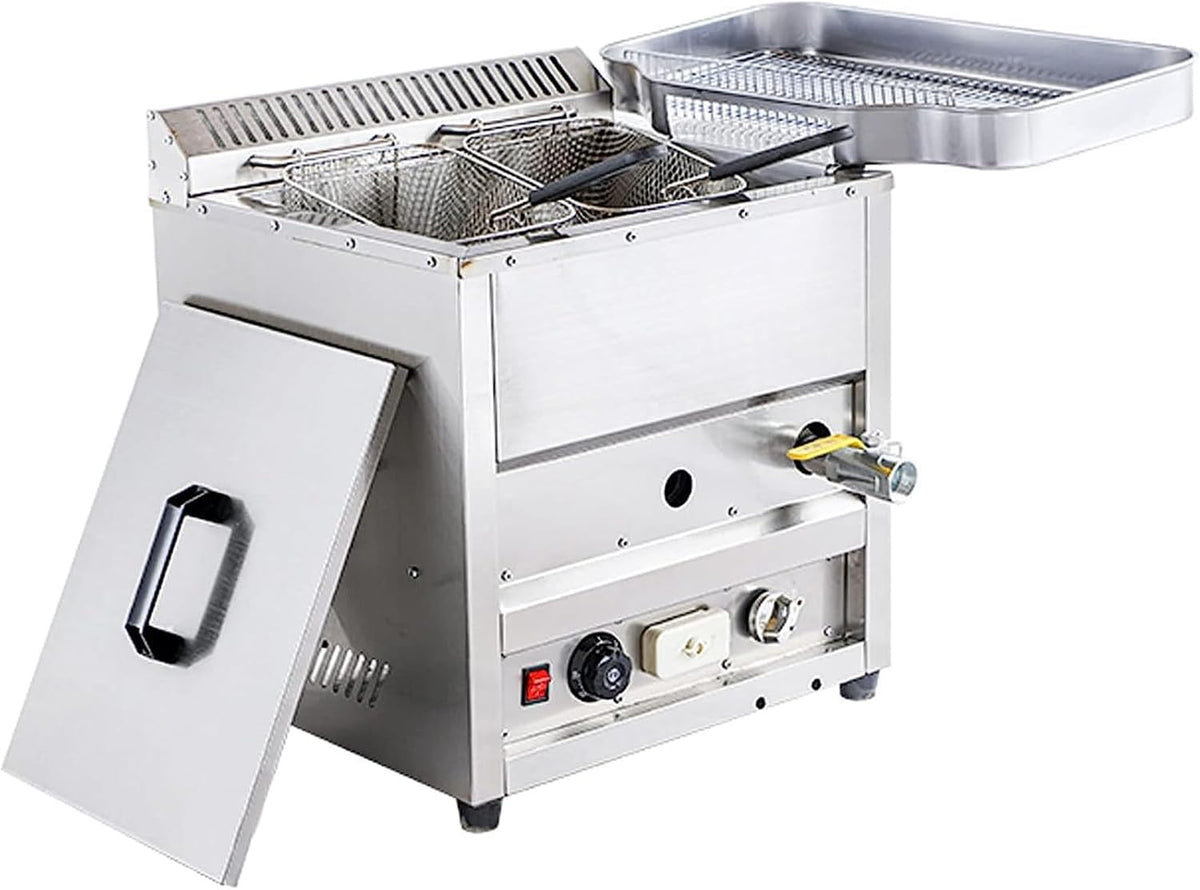 Gasfritteuse 23 Liter Gastro Tischgerät - 2 Frittierkörbe und Temperaturregelung 50 bis 300 Grad - Ölauffangschale - 17 kg für Gastronomie und Gewerbe