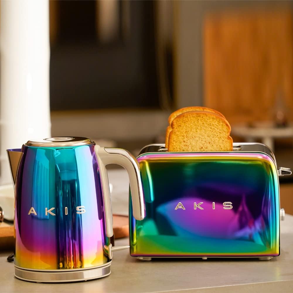 AKIS La Fete Design Toaster und Wasserkocher Set - Edelstahl in Regenbogenfarben - 850W Toaster mit 6 Bräunungsstufen - 1,7 L Wasserkocher mit 2400W