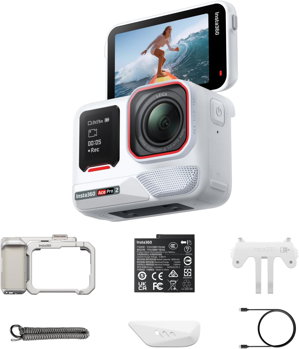 Insta360 Ace Pro 2 Polarweiß Limited Edition - Xplorer Bundle Mondsilber mit 8K Leica Kamera - 1,3 Zoll Sensor und Dual KI Chip - Flip Touchscreen für Schwachlicht und KI Bearbeitung