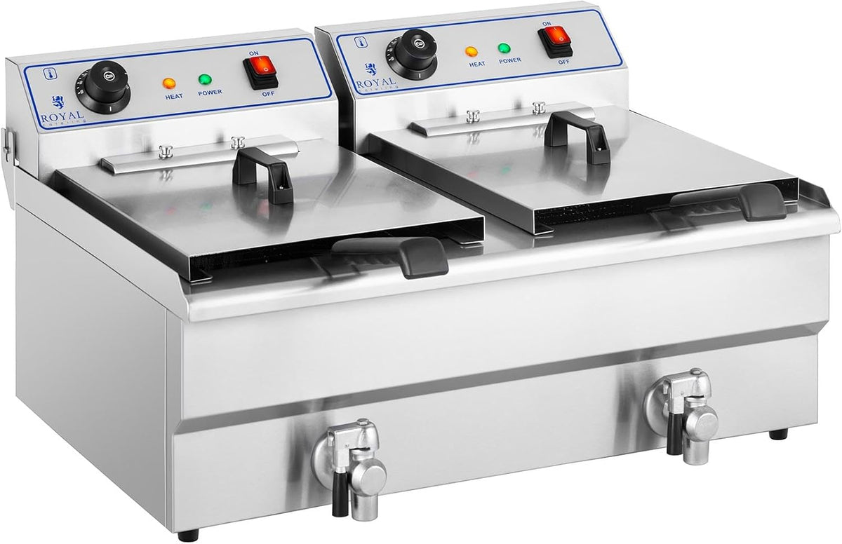 Royal Catering RCEF 16DTH Doppel Fritteuse - 2 x 16 Liter mit Kaltzone und Ablasshahn - Bis 200 Grad mit Thermoschutz - Leistungsstarke Gastro Elektro Fritteuse