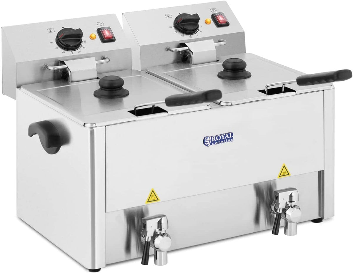 Royal Catering RCEF Doppel Fritteuse Edelstahl - 2 x 13 Liter Behälter mit je 3250W - 230V E.G.O. Thermostat - Ablasshahn mit 2 Körben und Deckeln
