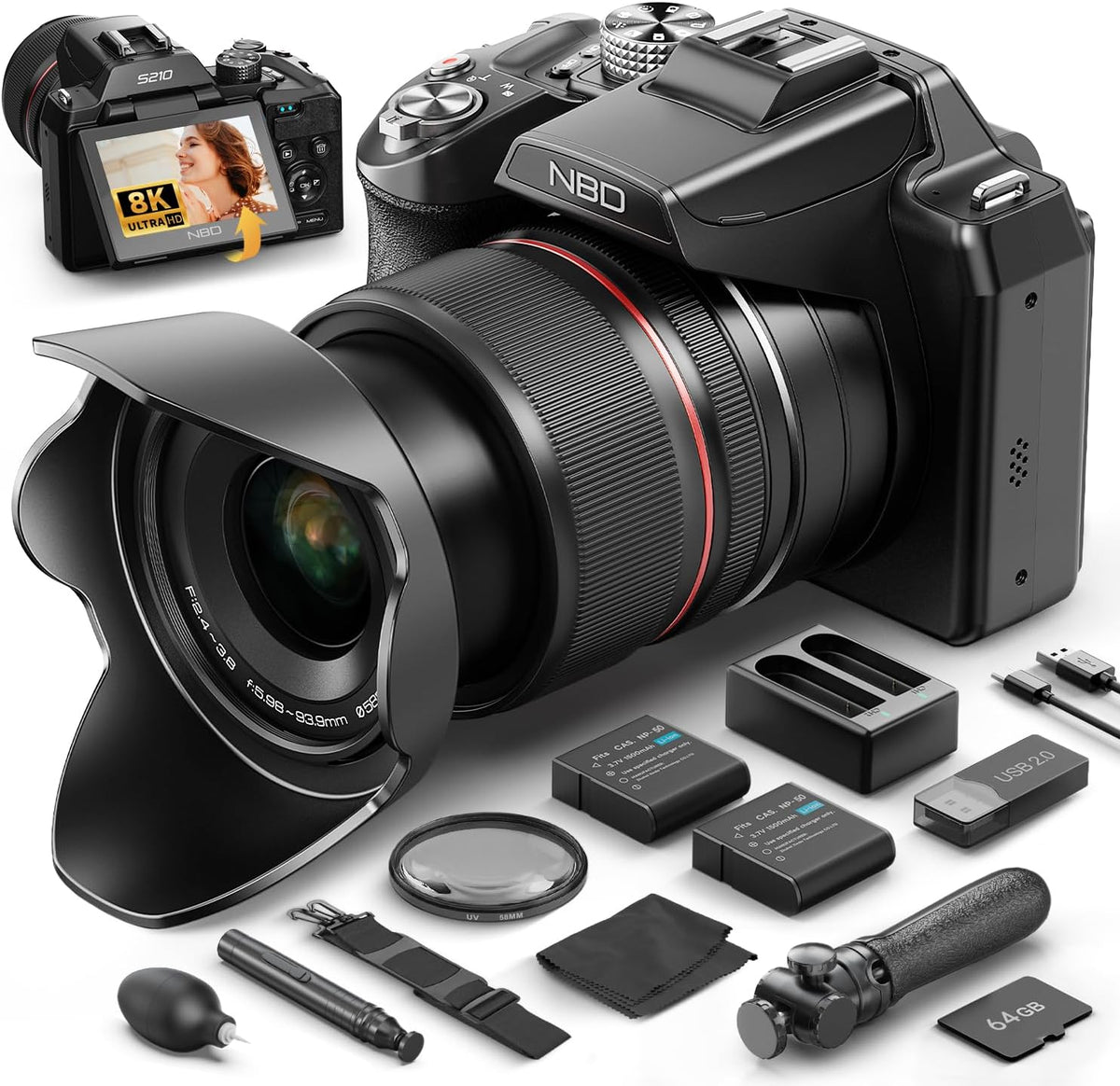 NBD 5K Digitalkamera 64 MP NBD-EU-S210 - 16-fach optischer Zoom und Autofokus - 3 Zoll Drehdisplay mit Blitzschuh - WLAN Set mit 64 GB TF Karte