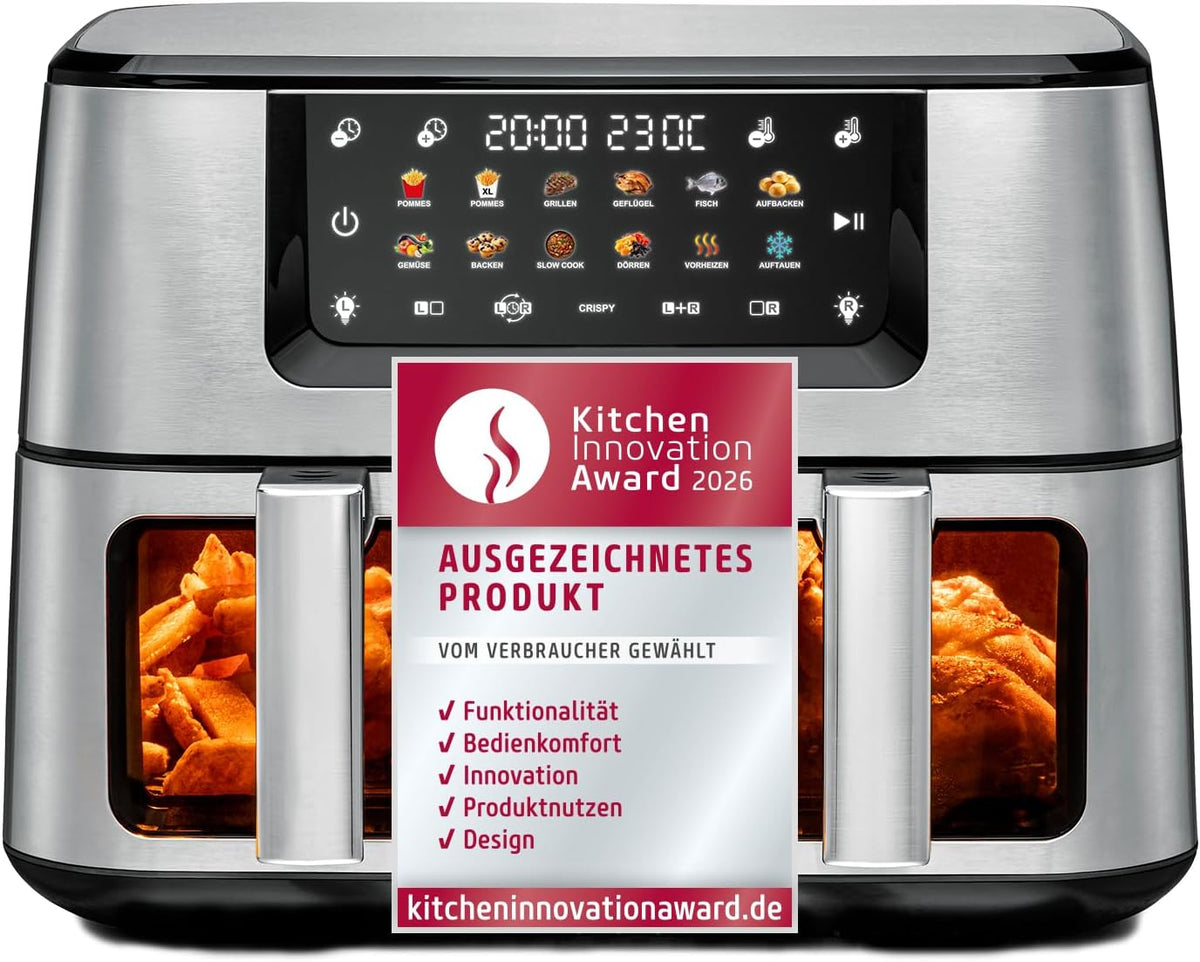 ROMMELSBACHER Doppel Heißluft Fritteuse FRH 2650 - 11L mit 2 Körben je 5,5L - 12 Programme und 40 bis 230 Grad - Sichtfenster Beleuchtung Match Sync und PFAS frei