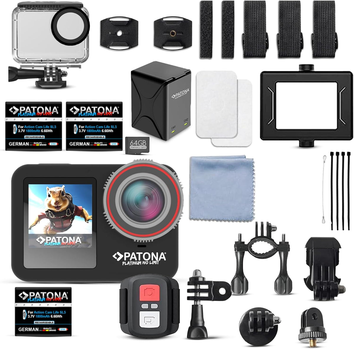 PATONA Action Cam Life SL5 - 6K Action Kamera mit 90 Bildern pro Sekunde und 64 MP - EIS und 170 Grad Weitwinkel - Unterwasserkamera Set mit 64 GB