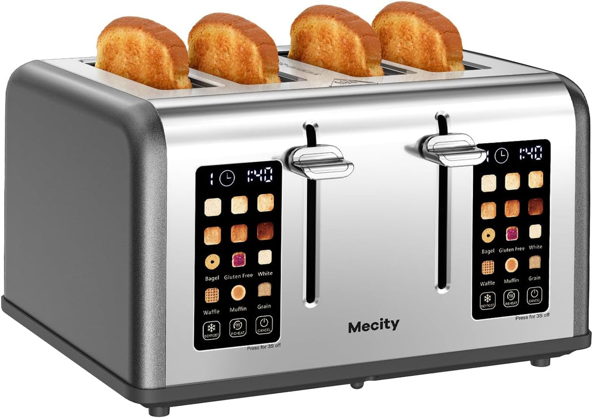 Mecity 4 Scheiben Toaster mit Touch Display - Edelstahl Brottoaster mit 4 breiten Schlitzen - Dual Bedienfeld für Bagels und Muffins - Grau